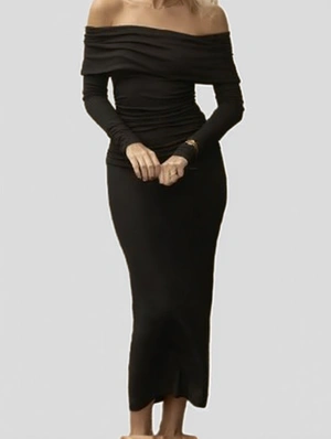 Pure Color Patchwork Straight Across Casual Long Sleeve Midi Dress