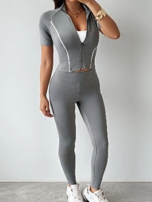 Line Patchwork Stand Collar Pant Sets