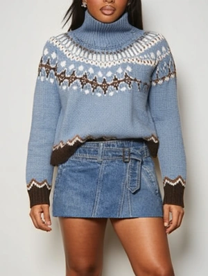 Ethnic Knitting Colorblock Polo Neck Sweater