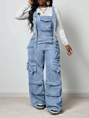Denim Multi Pocket Cargo Wide Leg Overalls