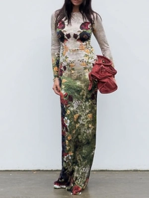 Floral Printed Bodycon Long Sleeve Maxi Dress