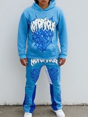 Spider Net Print Hooded Flare Leg Pants Sets