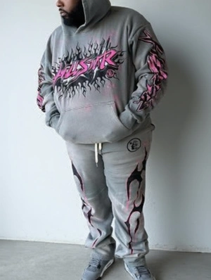 Abstract Flame Printed Hooded Long Sets