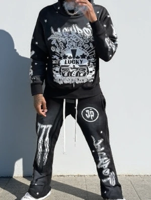 Abstract Letter Printed Hooded Long Sets