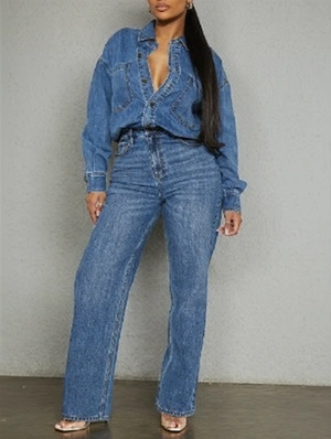 Washed Denim Loose Shirt Jumpsuits