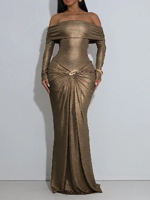 Metal Decor Ruched Off Shoulder Maxi Dress
