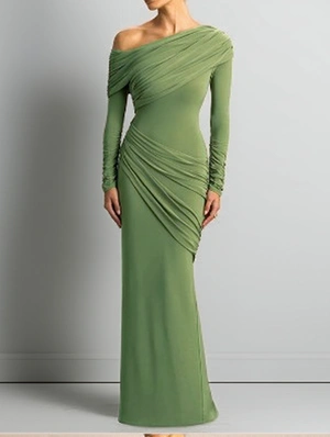 Inclined Shoulder Ruched Split Hem Maxi Dress