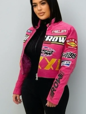 Letter Printed Zipper PU Bomber Jacket
