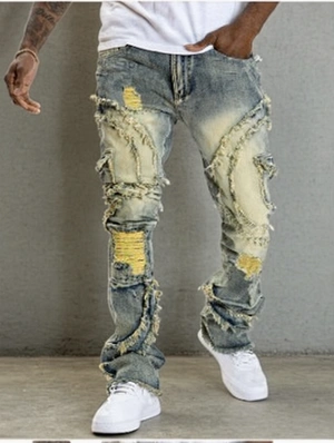 Vintage Ripped Denim Tassel Washed Jeans