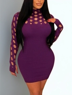 Woolen Hollow-out Long Sleeve Mini Dress