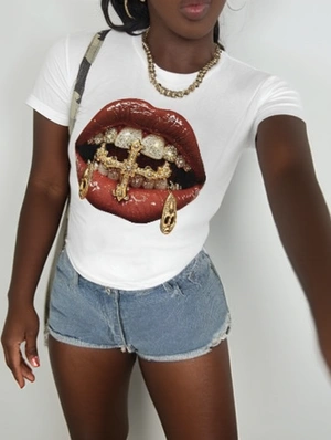 Grillz Teeth Lips Abstract Printed Baby Tee