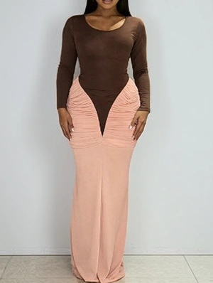 Colorblock Ruched Bodycon Maxi Dress