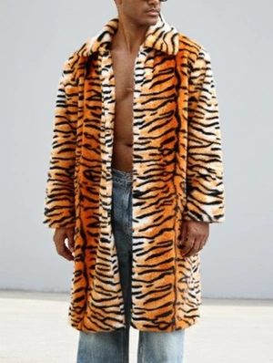Fluff Tiger Striped Lapel Fur Long Coats