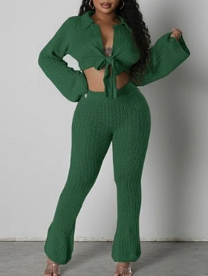 Woolen Bandage Lapel Cropped Pant Sets