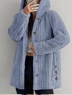 Fluff Solid Button Up Plush Hooded Cardigan