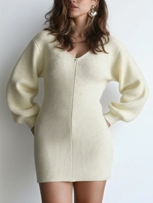 Knitting V Neck Sweater Mini Dress