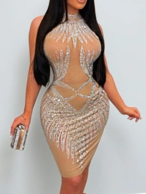 Sheer Rhinestones Sheer Sleeveless Mini Dress