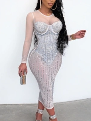 Rhinestones Sheer Long Sleeve Maxi Dress