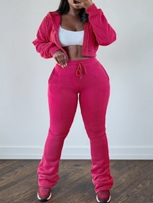 Fleece Plain Zipper Hooded Pant Sets