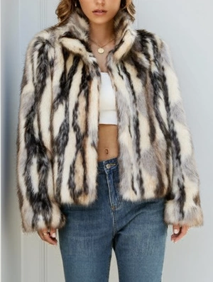 Colorblock Stand Collar Lapel Fur Coats