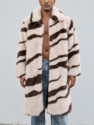 Colorblock Zebra Striped Lapel Fur Long Coats