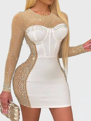 Rhinestones Sheer Long Sleeve Mini Dress