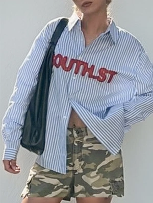 Letter Pattern Striped Casual Blouses
