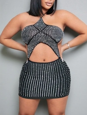 Rhinestones Halter Backless Lace-Up Mini Dress