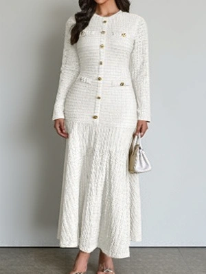 Jacquard Weave Patchwork Mid-rise Long Sleeve Dress