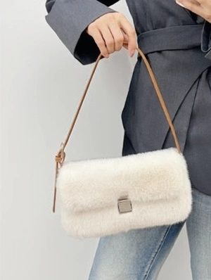 Fluff Plain Color Fur Shoulder Bags