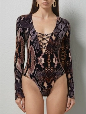 Snake Print Tie-wrap V Neck Fitted Bodysuits