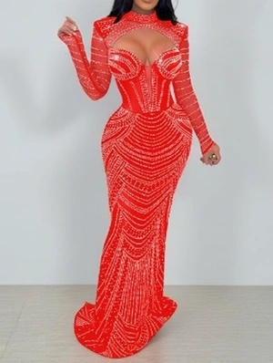 Hollow-out Rhinestones Sheer Maxi Dress