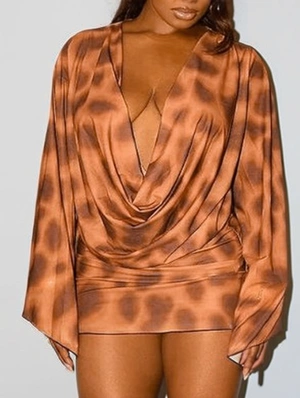 Leopard Wing Neck Flare Sleeve Mini Dress