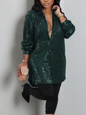 Patchwork Sequin Single Breasted Long Sleeve Dress
