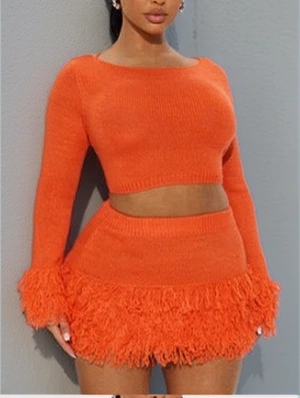 Knitted Tassel Cropped Sweater Skirt Sets
