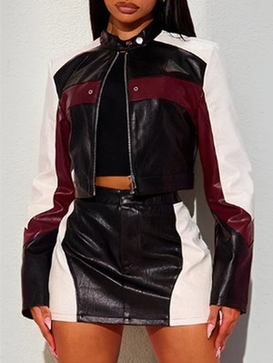 Colorblock Leather Cropped Jackets Skirt Sets
