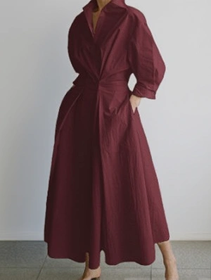 Pure Color Back Elastic Waist A-line Long Sleeve Dress
