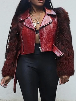 Fur Leather Cropped Zipper Lapel Coats