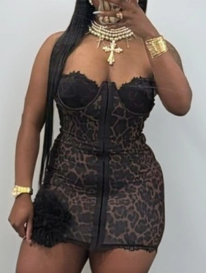 Leopard Fishbone Strapless Mini Dress