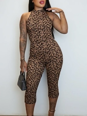 Leopard Halter Backless Capri Rompers
