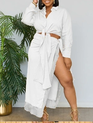Tie-wrap Shirt Fringe Split Hem Skirt Sets