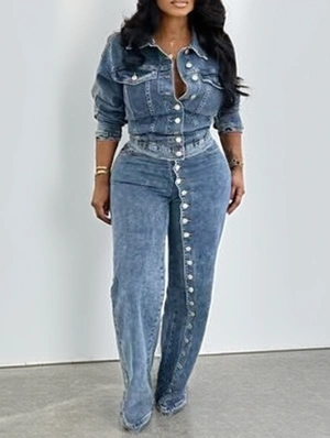 Denim Buckle Lapel Jackets Pant Sets