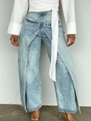 Washed Denim Faux Two-Piece Jeans
