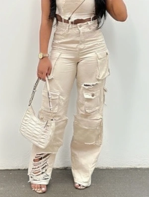 Ripped Denim Multi Pocket Cargo Jeans