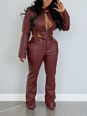 PU Split Hem Zipper Cropped Pant Sets