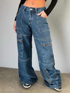 Denim Multi Pocket Zipper Cargo Wide Leg Jeans