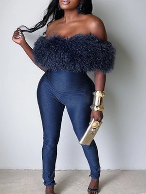 Fur Trim Off Shoulder Fitted Crop Jumpsuits