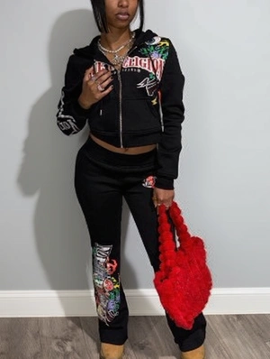 Abstract Letter Printed Zipper Hooded Pant Sets