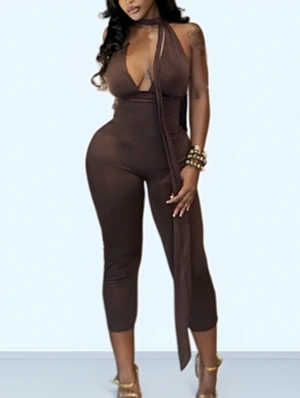 V Neck Halter Backless Lace-Up Jumpsuits