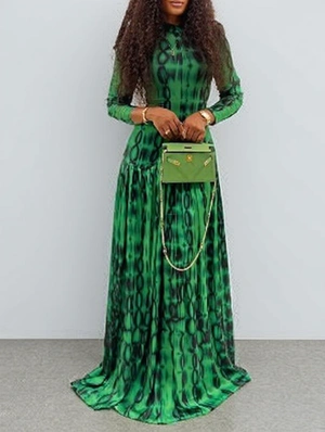 Geometric Ruched A-line Swing Maxi Dress